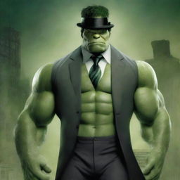 The Hulk dressed elegantly in a gentleman's suit, complete with a top hat and monocle.