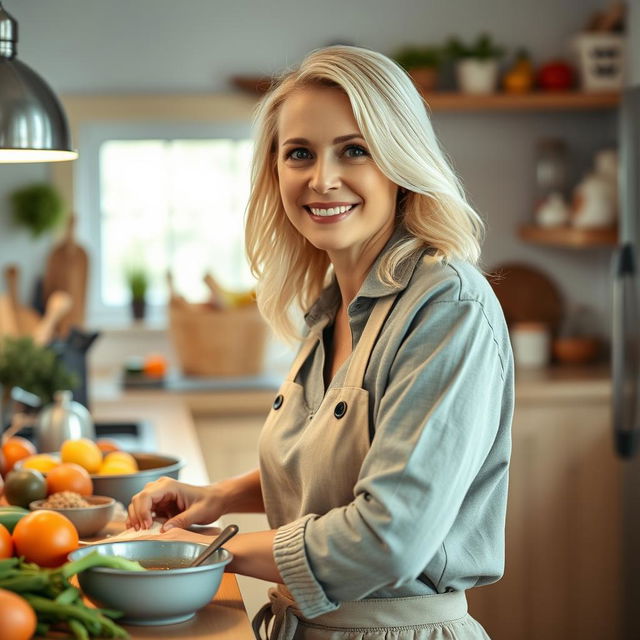 A delightful woman of European descent, aged between 30 to 35 years, with soft light blonde hair styled in a casual yet lovely manner