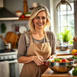 A delightful woman of European descent, aged between 30 to 35 years, with soft light blonde hair styled in a casual yet lovely manner