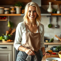 A delightful woman of European descent, aged between 30 to 35 years, with soft light blonde hair styled in a casual yet lovely manner