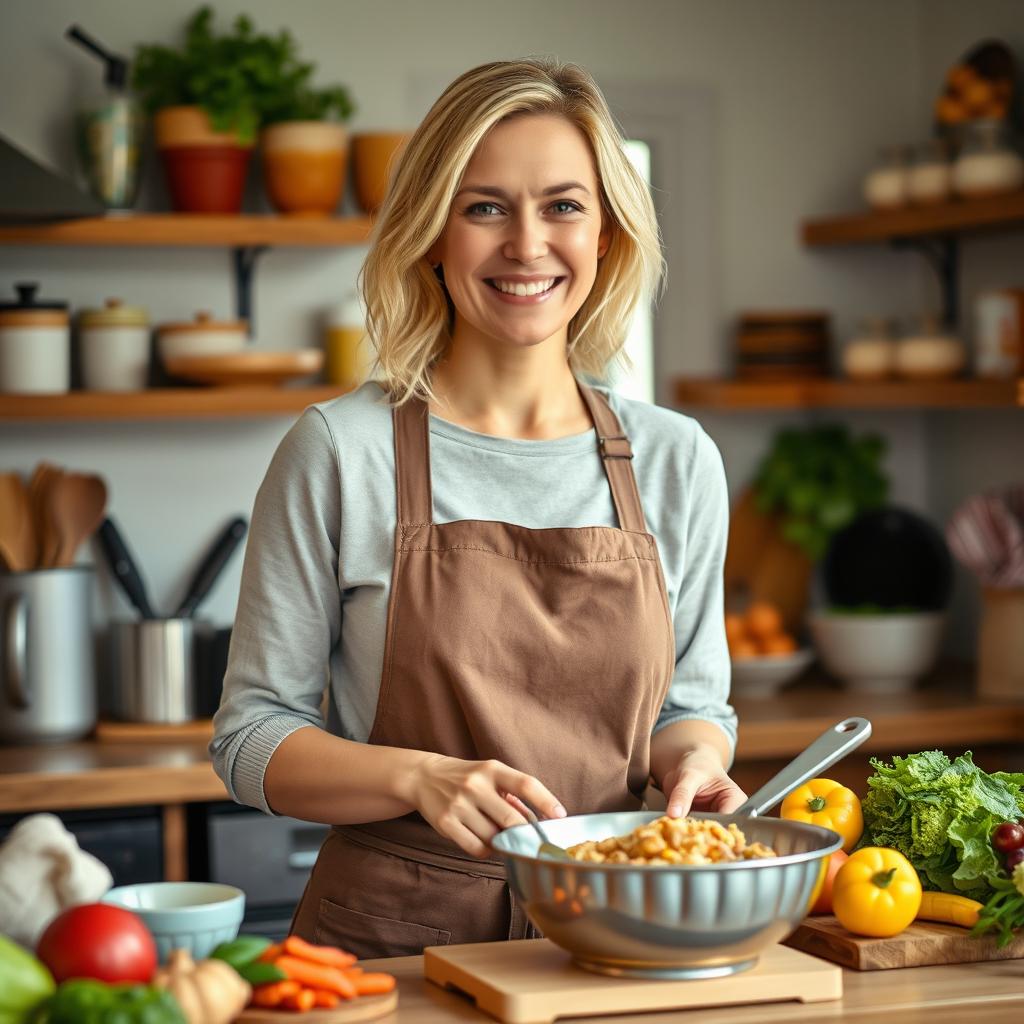 A delightful woman of European descent, aged between 30 to 35 years, with soft light blonde hair styled in a casual yet lovely manner