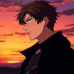A male anime character in a side profile view, showcasing sharp facial features and tousled dark brown hair that falls just above his eyes