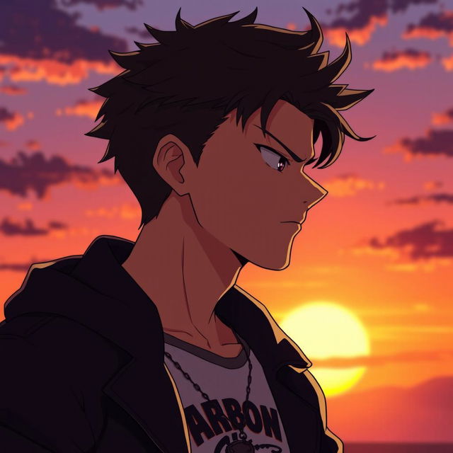 A male anime character in a side profile view, showcasing sharp facial features and tousled dark brown hair that falls just above his eyes