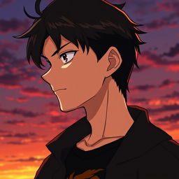 A male anime character in a side profile view, showcasing sharp facial features and tousled dark brown hair that falls just above his eyes