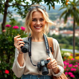 A charming woman of European descent, aged between 30 to 35 years, featuring soft light blonde hair styled with a natural flair