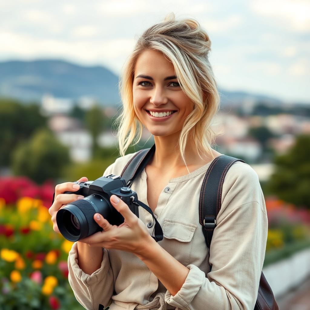 A charming woman of European descent, aged between 30 to 35 years, featuring soft light blonde hair styled with a natural flair