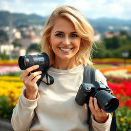 A charming woman of European descent, aged between 30 to 35 years, featuring soft light blonde hair styled with a natural flair