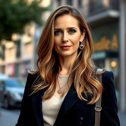 A beautiful 40-year-old European woman dressed elegantly, showcasing a stylish outfit that highlights her sophistication