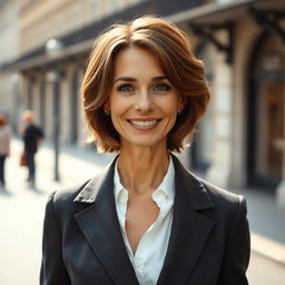 A beautiful 40-year-old European woman, showcasing her elegance in a sophisticated outfit
