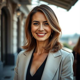 A beautiful 40-year-old European woman, showcasing her elegance in a sophisticated outfit