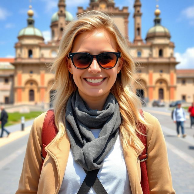 A European woman aged 30-35 with light blonde hair, dressed stylishly in travel attire