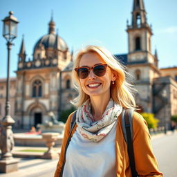 A European woman aged 30-35 with light blonde hair, dressed stylishly in travel attire