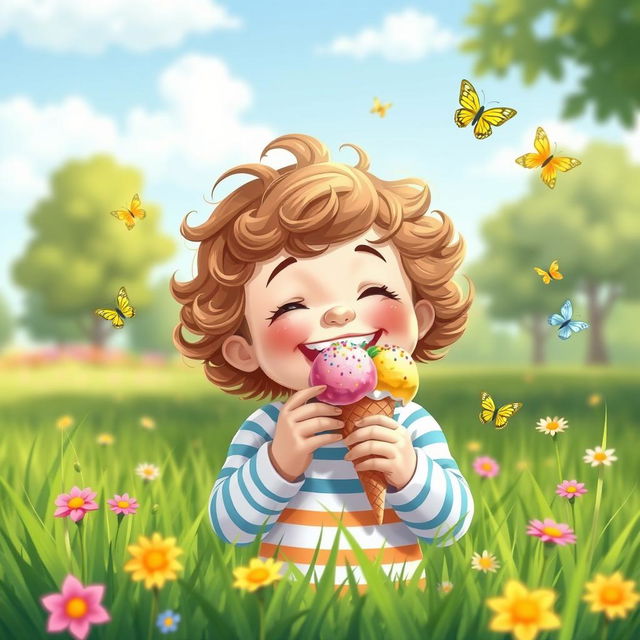 A whimsical and delightful scene of a young child joyfully eating a bright, colorful ice cream cone on a sunny day in a park