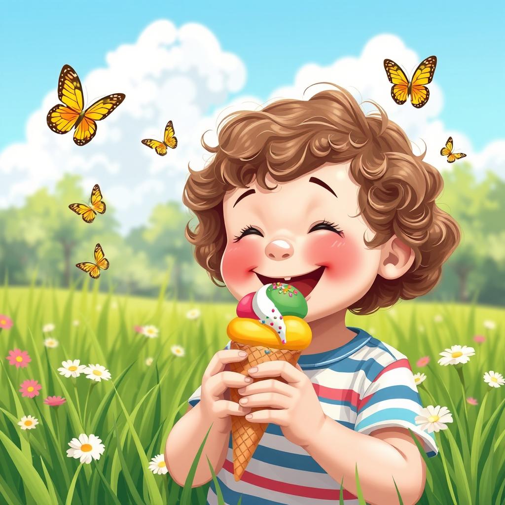 A whimsical and delightful scene of a young child joyfully eating a bright, colorful ice cream cone on a sunny day in a park