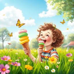A whimsical and delightful scene of a young child joyfully eating a bright, colorful ice cream cone on a sunny day in a park