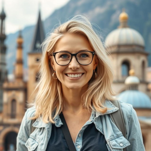 A European woman aged 30-35 with light blonde hair, dressed in stylish travel attire