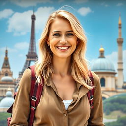 A European woman aged 30-35 with light blonde hair, dressed in stylish travel attire