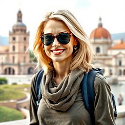 A European woman aged 30-35 with light blonde hair, dressed in stylish travel attire