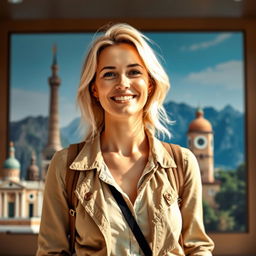 A European woman aged 30-35 with light blonde hair, dressed in stylish travel attire