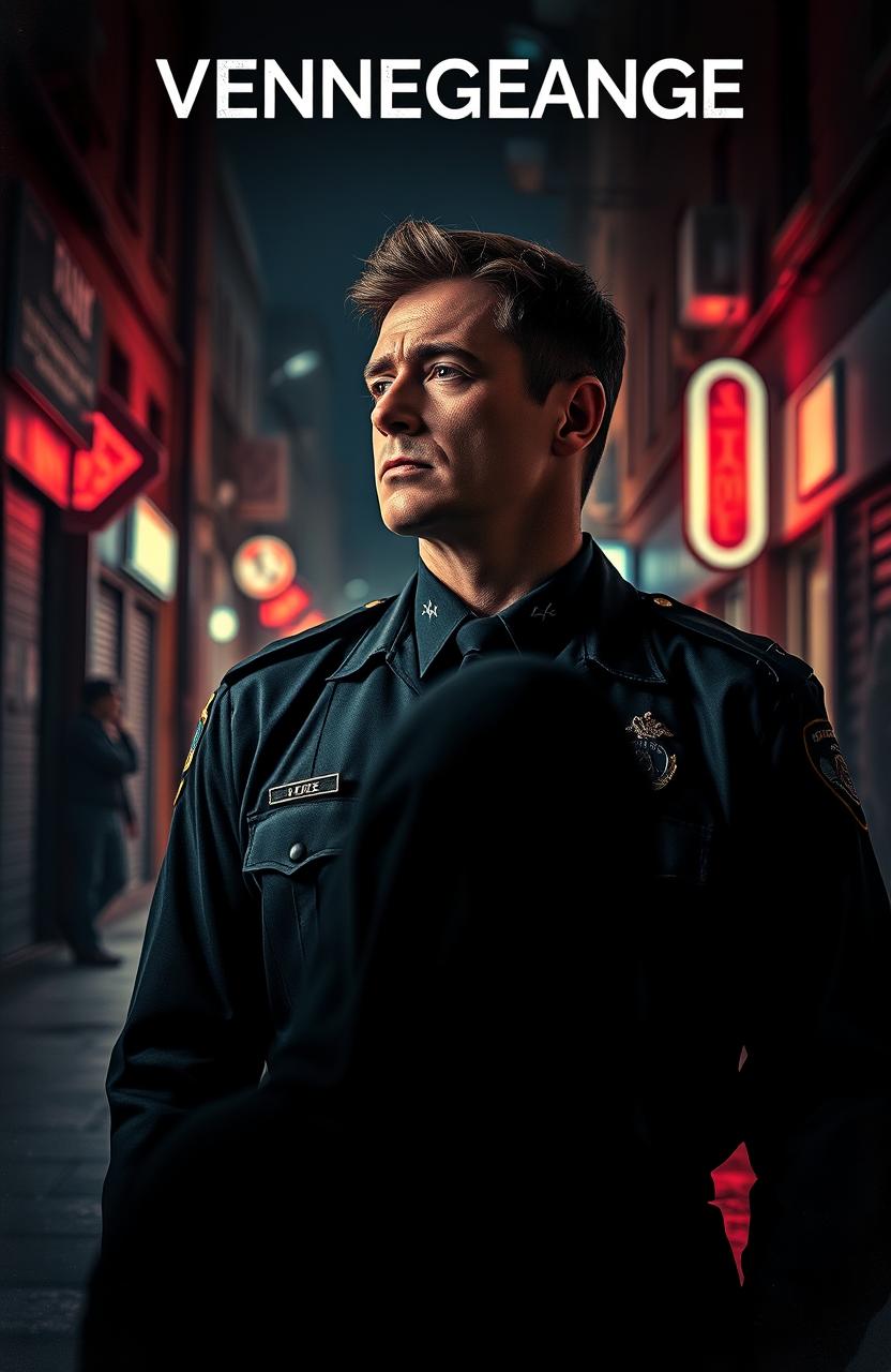 A dramatic scene depicting a police officer with a stern yet confident expression standing in an urban environment
