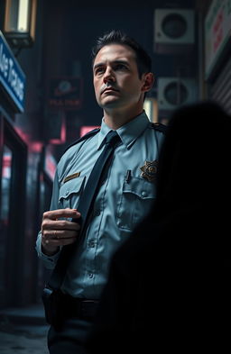 A dramatic scene depicting a police officer with a stern yet confident expression standing in an urban environment