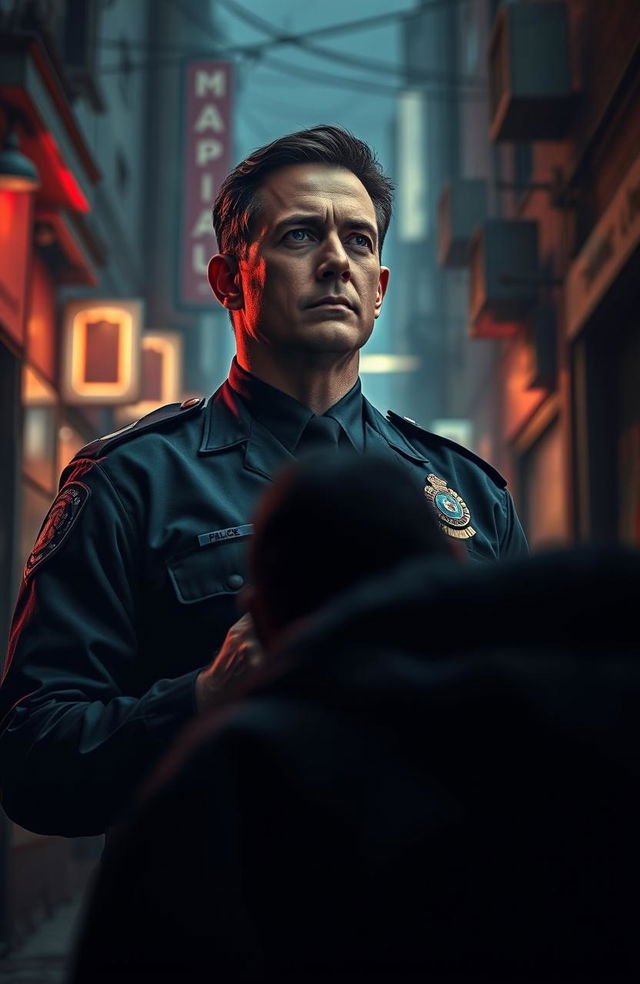 A dramatic scene depicting a police officer with a stern yet confident expression standing in an urban environment