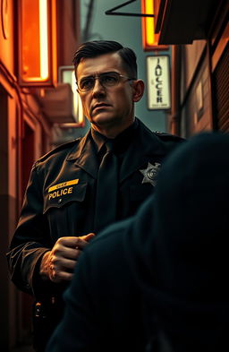 A dramatic scene depicting a police officer with a stern yet confident expression standing in an urban environment