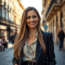 A beautiful 40-year-old European woman with long hair cascading down to her waist, dressed elegantly in a stylish outfit that complements her sophisticated appearance