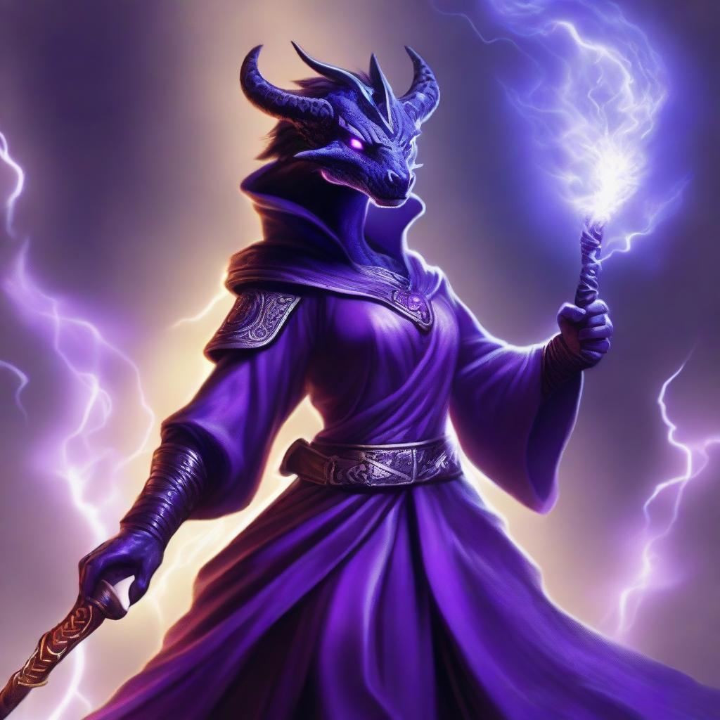 A potent female Black Dragonborn, draped in magnificent purple robes, clutching a magical staff