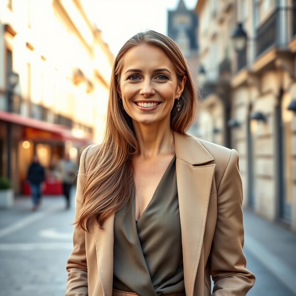 A beautiful 40-year-old European woman with long hair cascading down to her waist, dressed elegantly in a stylish outfit that complements her sophisticated appearance