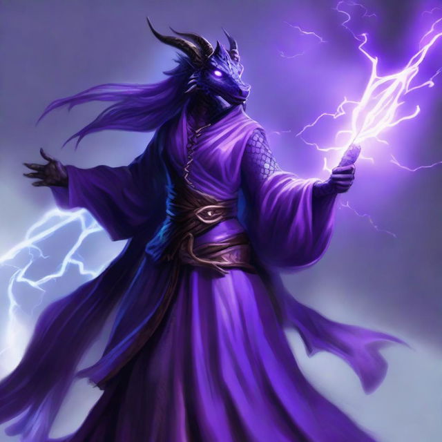 A potent female Black Dragonborn, draped in magnificent purple robes, clutching a magical staff