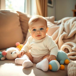 A cute baby sitting on a plush couch in a cozy living room