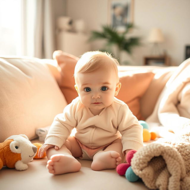 A cute baby sitting on a plush couch in a cozy living room