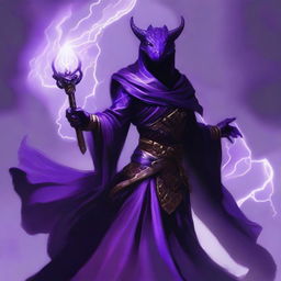 A potent female Black Dragonborn, draped in magnificent purple robes, clutching a magical staff