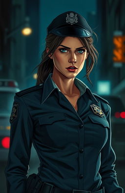 A dramatic scene illustrating a vengeful woman police officer, embodying a mix of love and coldness