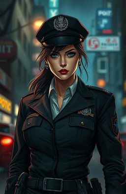 A dramatic scene illustrating a vengeful woman police officer, embodying a mix of love and coldness