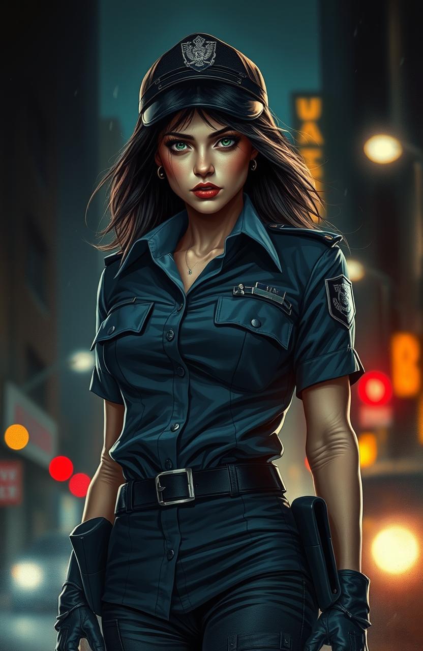 A dramatic scene illustrating a vengeful woman police officer, embodying a mix of love and coldness