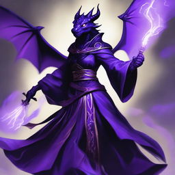 A potent female Black Dragonborn, draped in magnificent purple robes, clutching a magical staff