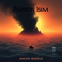 A silhouette of a small boat gently drifting toward a mysterious island amidst a vast, churning sea
