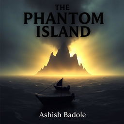 A silhouette of a small boat gently drifting toward a mysterious island amidst a vast, churning sea