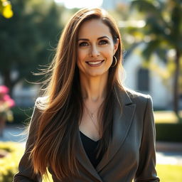 A beautiful 42-year-old European woman with long hair flowing gracefully down to her waist, elegantly dressed in a fashionable outfit that highlights her sophisticated style