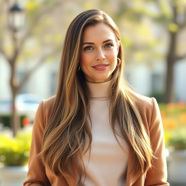 A beautiful 42-year-old European woman with long hair flowing gracefully down to her waist, elegantly dressed in a fashionable outfit that highlights her sophisticated style