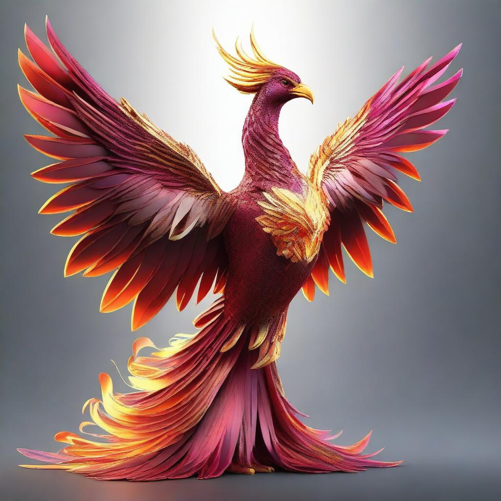 An artistic visualization of a majestic phoenix, its fiery plumage ignited in hues of ruby and gold