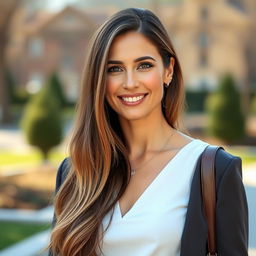 A beautiful 42-year-old European woman with long hair cascading down to her waist, dressed elegantly in a fashionable outfit