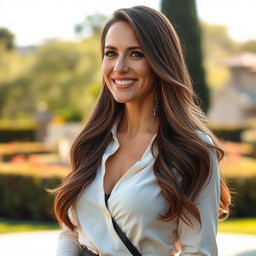A beautiful 42-year-old European woman with long hair cascading down to her waist, dressed stylishly in contemporary clothing