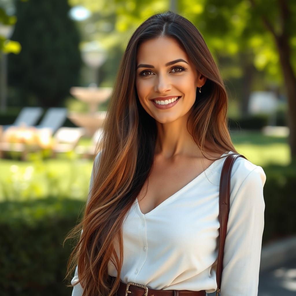 A beautiful 42-year-old European woman with long hair cascading down to her waist, dressed stylishly in contemporary clothing