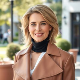 A beautiful 43-year-old European woman with medium-length hair styled elegantly
