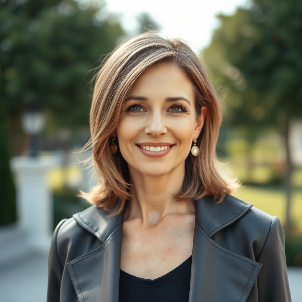 A beautiful 43-year-old European woman with medium-length hair styled elegantly