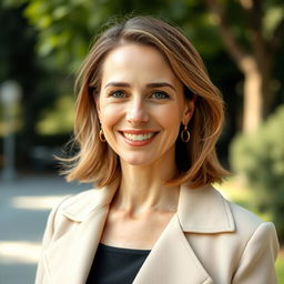 A beautiful 43-year-old European woman with medium-length hair styled elegantly