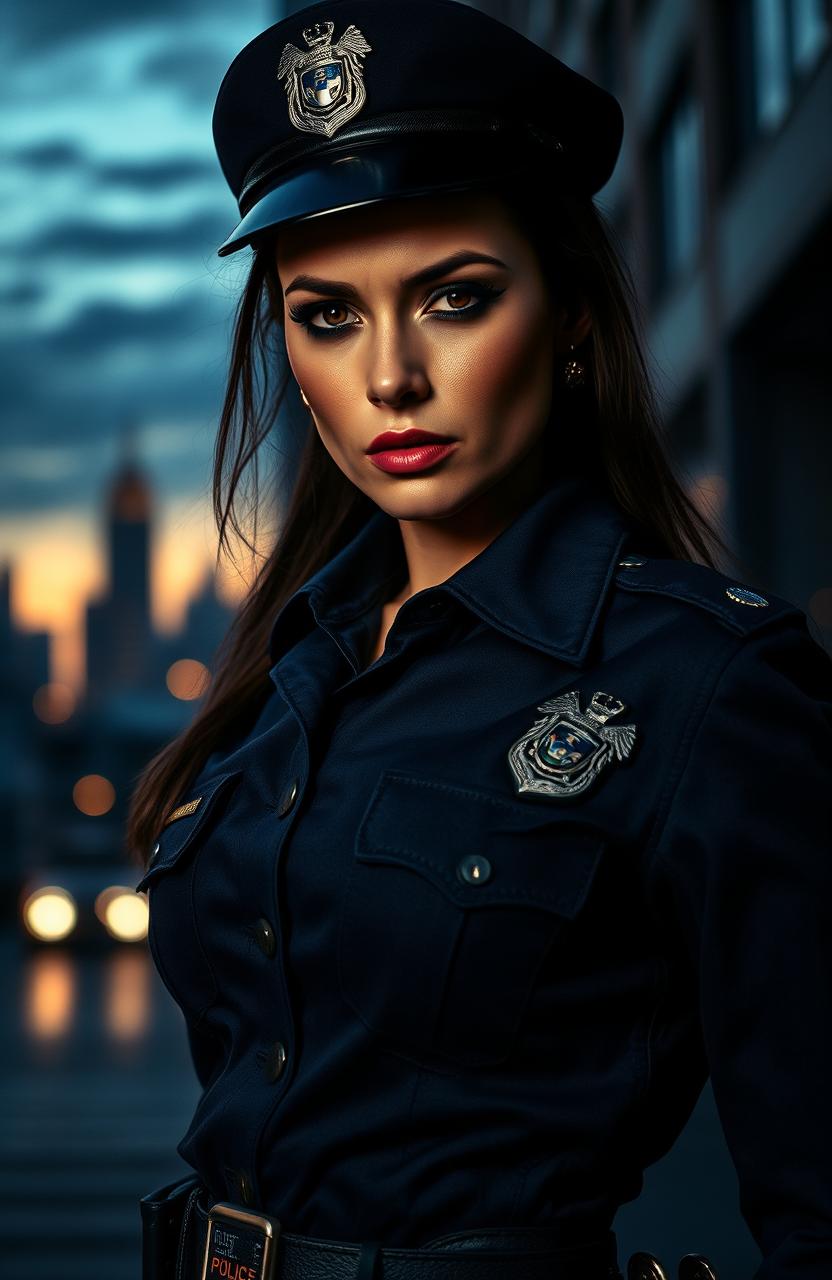 A dramatic scene depicting a woman in a police uniform, embodying themes of revenge, love, and cold determination